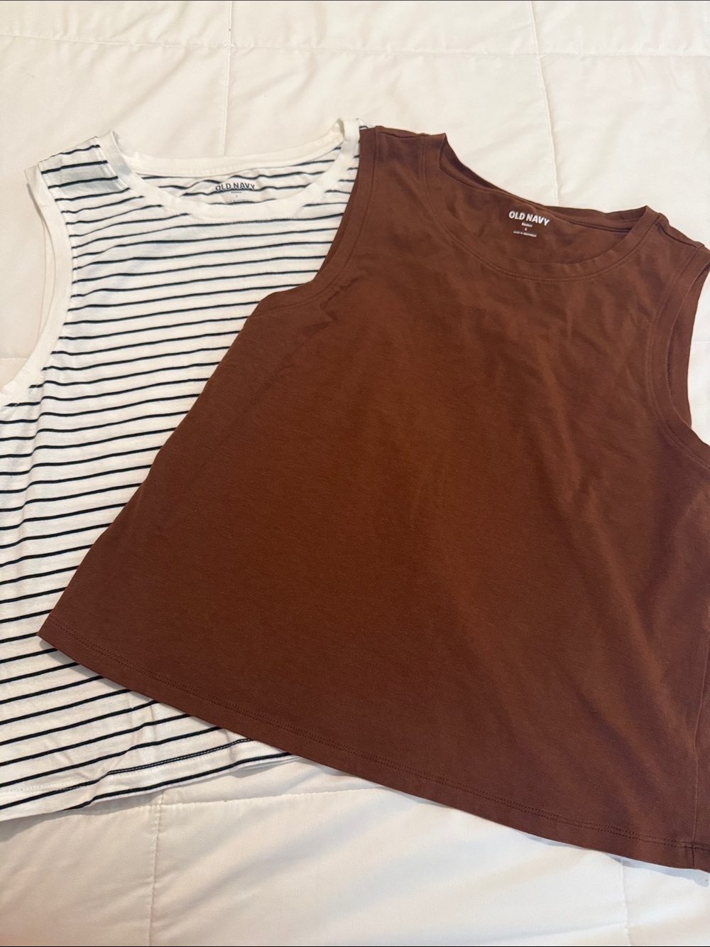 Old Navy Women's Chocolate Brown Tank Top and Black Striped Tank. Size Lg.